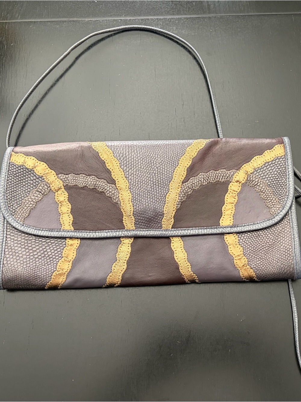 Vintage Carlos Falchi Patchwork Snakeskin Leather Crossbody Clutch Bag Grey Gold